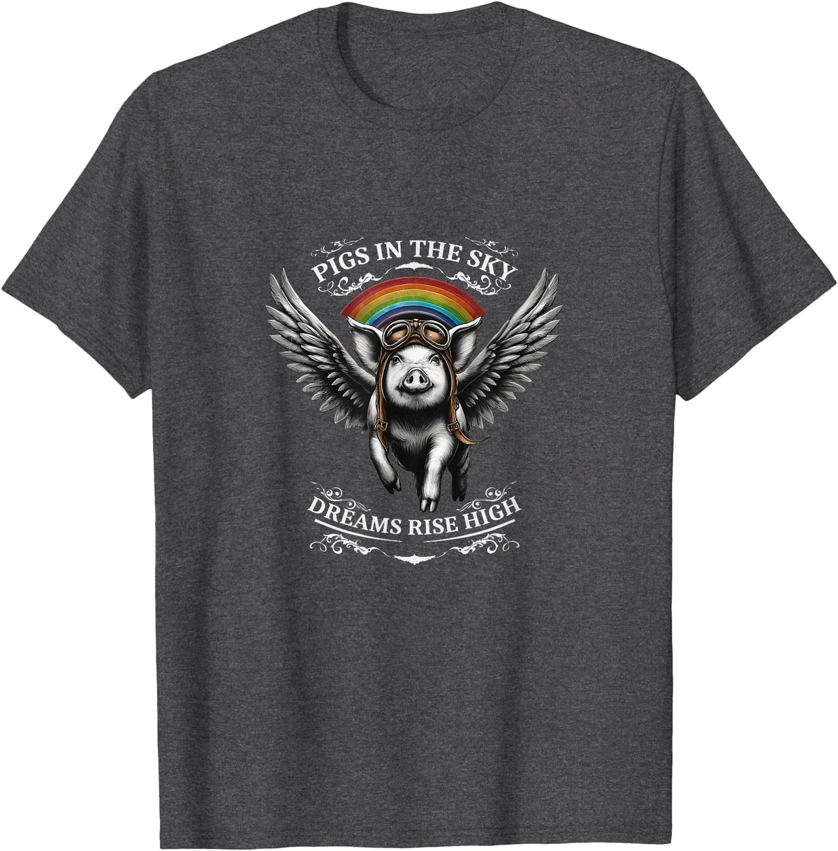 Schwein im Himmel – Träume steigen hoch Flying Pig with Wings in the Sky T-Shirt - Dark Heather Grey
