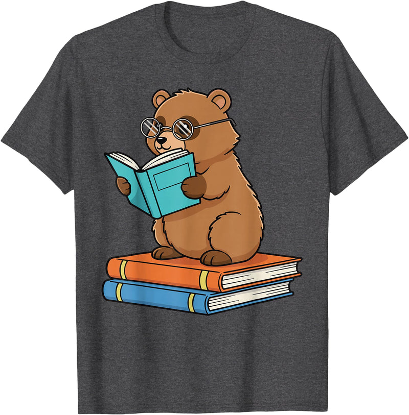 Reading Bear Bookworm Tee Reading Bear Bookworm Cute Bear with Glasses Books T-Shirt - Dark Heather Grey