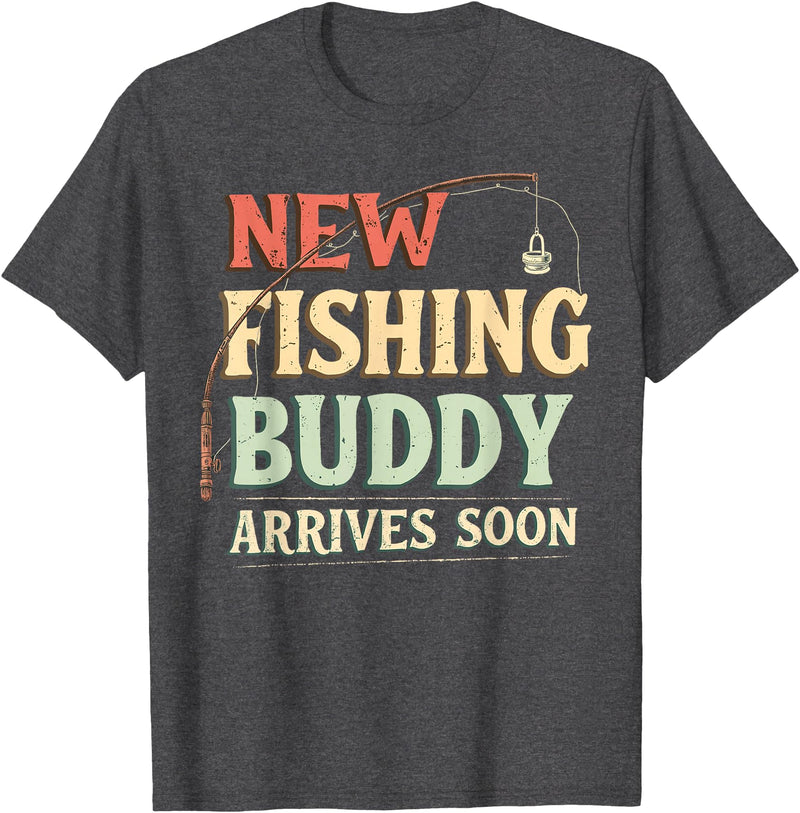 Funny Parent Fisherman Pregnancy Gift New Fishing Buddy Arrives Soon Baby Pregnancy Announcement T-Shirt - Dark Heather Grey