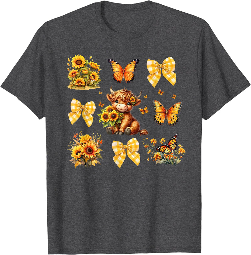 Coquette Bow Scottish Highland Cow Sunflower Shirt Baby Highland Cow With Sunflower Butterflies Farm Western T-Shirt - Dark