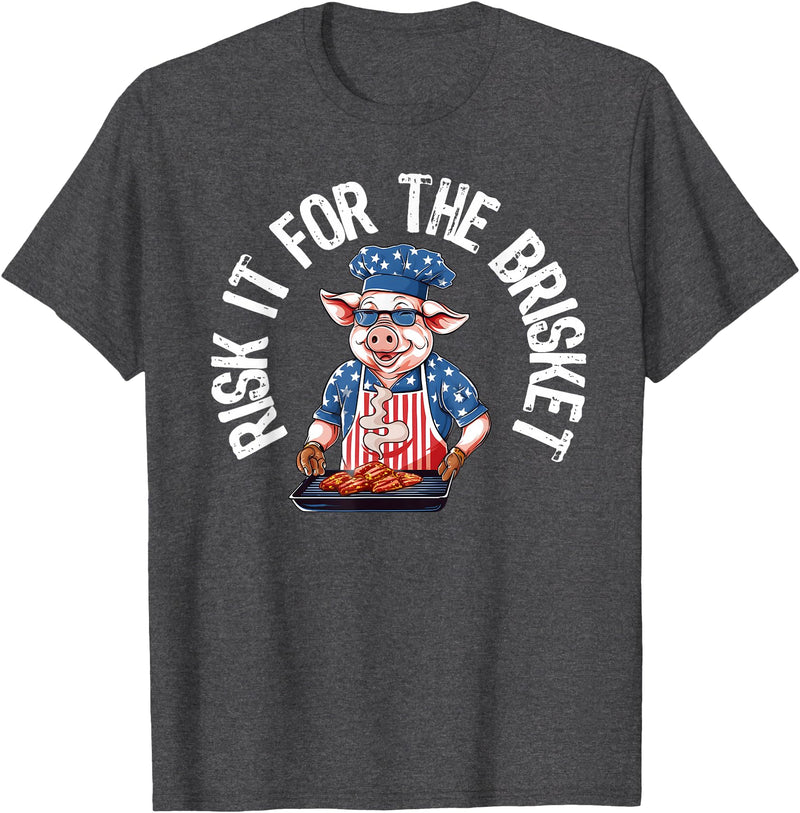 Funny Grill Pig Barbeque Pitmaster Designs for Men Risk It For The Brisket Funny Pig Grilling Barbecue Pork BBQ T-Shirt - Dark Heather Grey