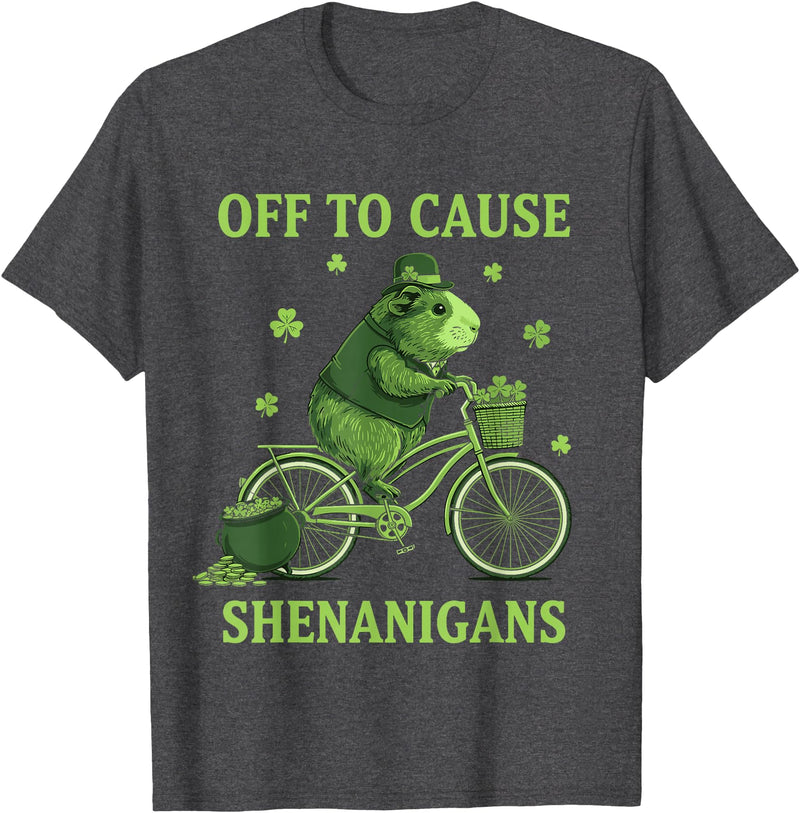 Funny St Paddys Day Cute Guinea Pig Bicycle Off to Cause Shenanigans Guinea Pig St Patricks Day T-Shirt - Dark Heather Grey