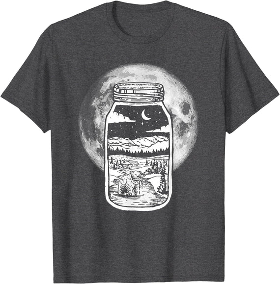 Giant Step Design Co. Moonshine Lover Jar Design - Bear, Moon & Mountains T-Shirt - Dark Heather Grey