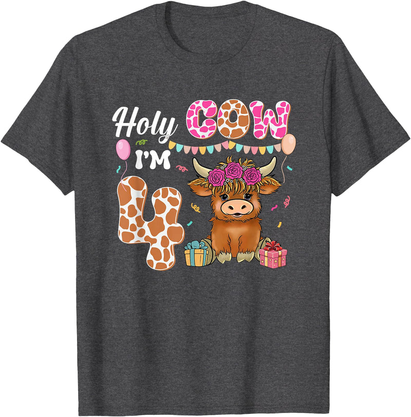 Holy Cow I'm 4 Highland Cow 4th Birthday Holy Cow I'm 4 Highland Cow Farming 4th Birthday 4 Years Old T-Shirt - Dark Heather
