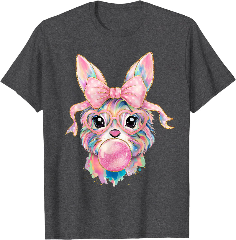 Funny Bunny Face Glasses Rabbit Coquette Bow Easter Trendy T-Shirt in Dark Heather Grey