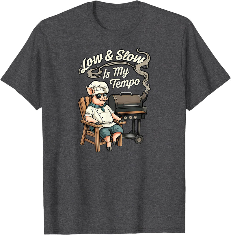 Pitmaster Pig Apparel Low & Slow Is My Tempo Pig BBQ Smoker T-Shirt - Dark Heather Grey