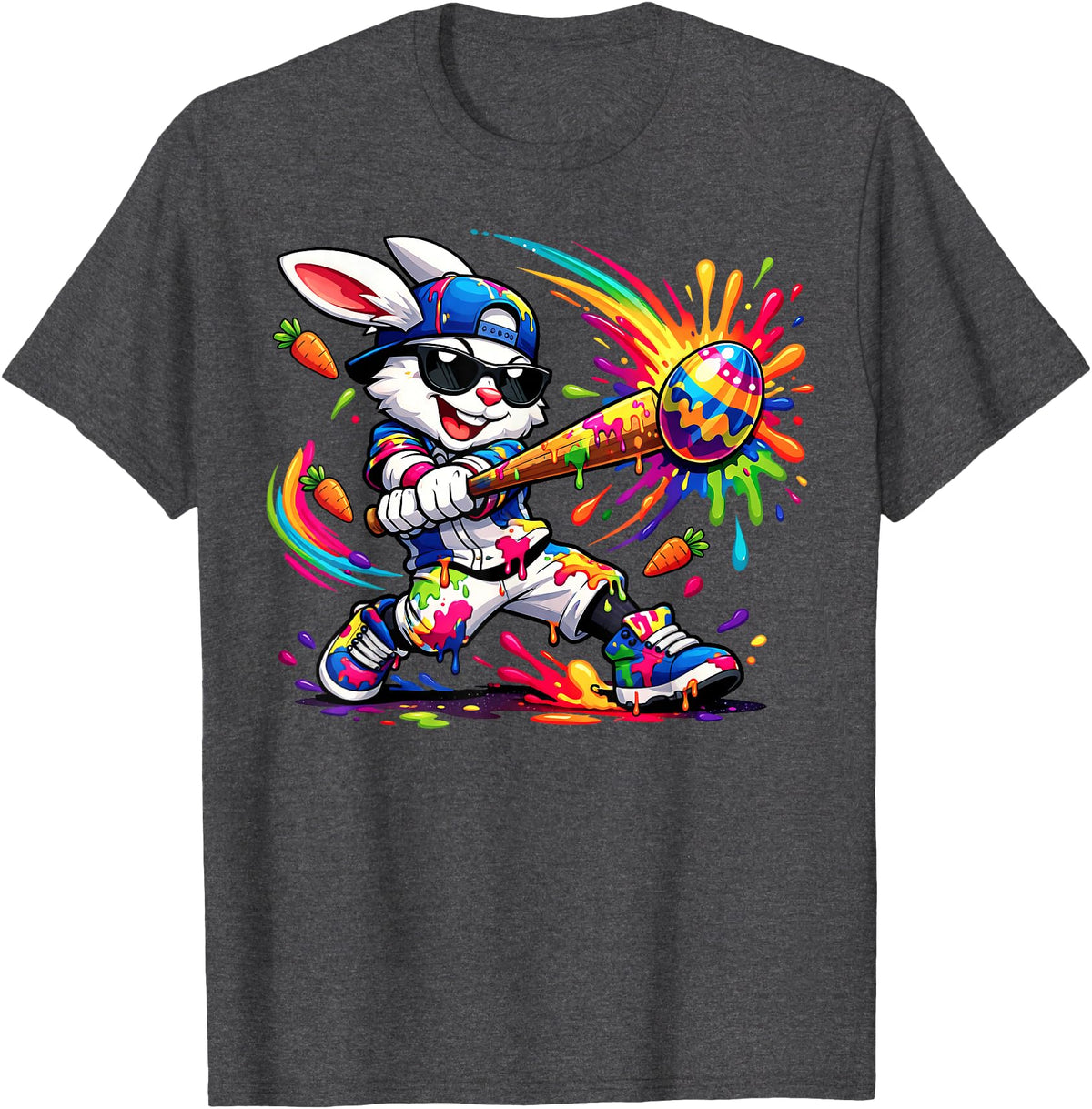 Funny Dripping Drip Rabbit Bunny Baseball Easter Men Boy Kid T-Shirt in Dark Heather Grey
