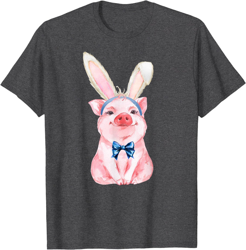 Dibble Dabble Easter Designs Adorable Easter Pig with Easter Bunny Ears - Easter Pig T-Shirt - Dark Heather Grey