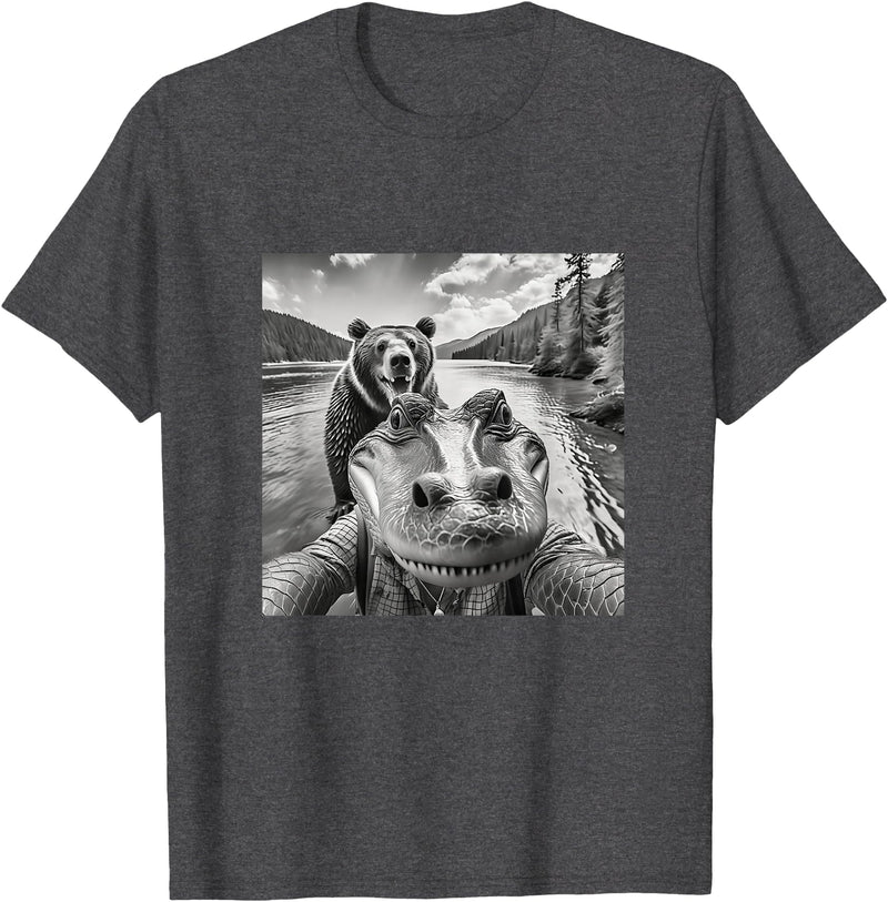 A1a Life Funny Graphic Tee Alligator Selfie with Bear in Woods Weird T-Shirt - Dark Heather Grey