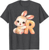 Letter R Rabbit Watercolor Cute Baby Animal Alphabet Initial T-Shirt in Dark Heather Grey