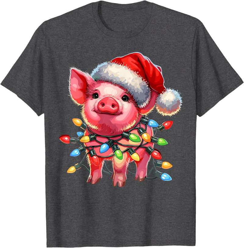 Christmas Pig Lover Christmas Light Pig Lover T-Shirt - Dark Heather Grey