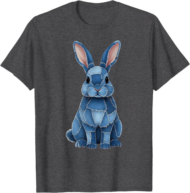 Funny Rabbit Bunny Easter Blue Denim Patchwork Style Animal T-Shirt in Dark Heather Grey