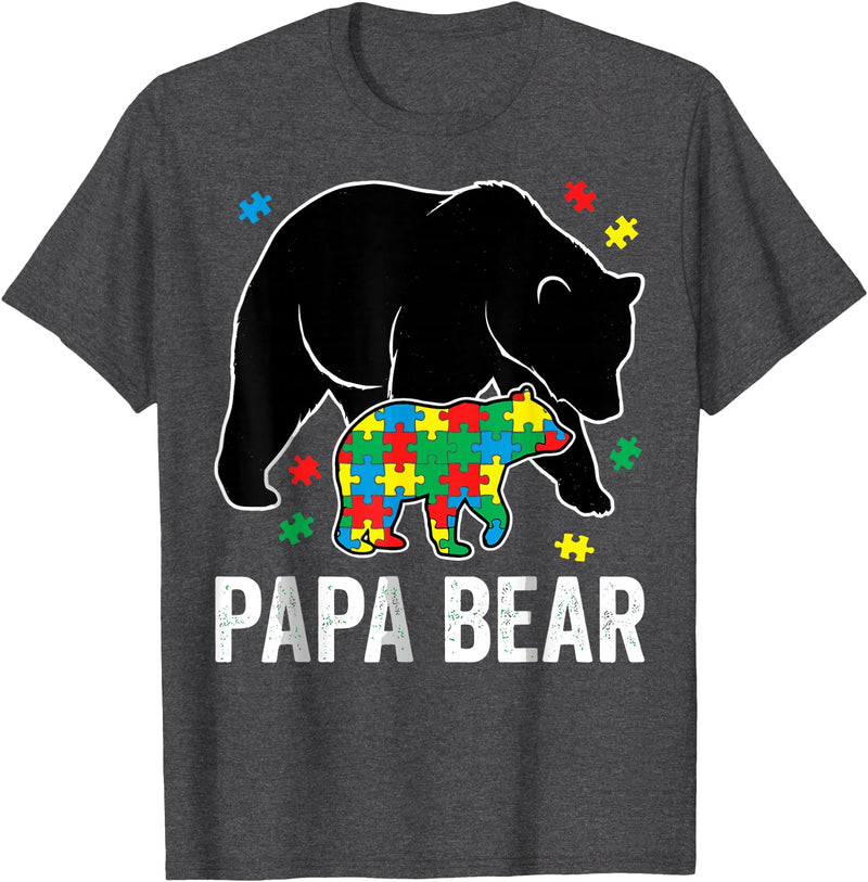 Autism Awareness Neurodiversity Support Apparel Papa Bear Autism Awareness Puzzle Neurodiversity Support T-Shirt - Dark Heather Grey
