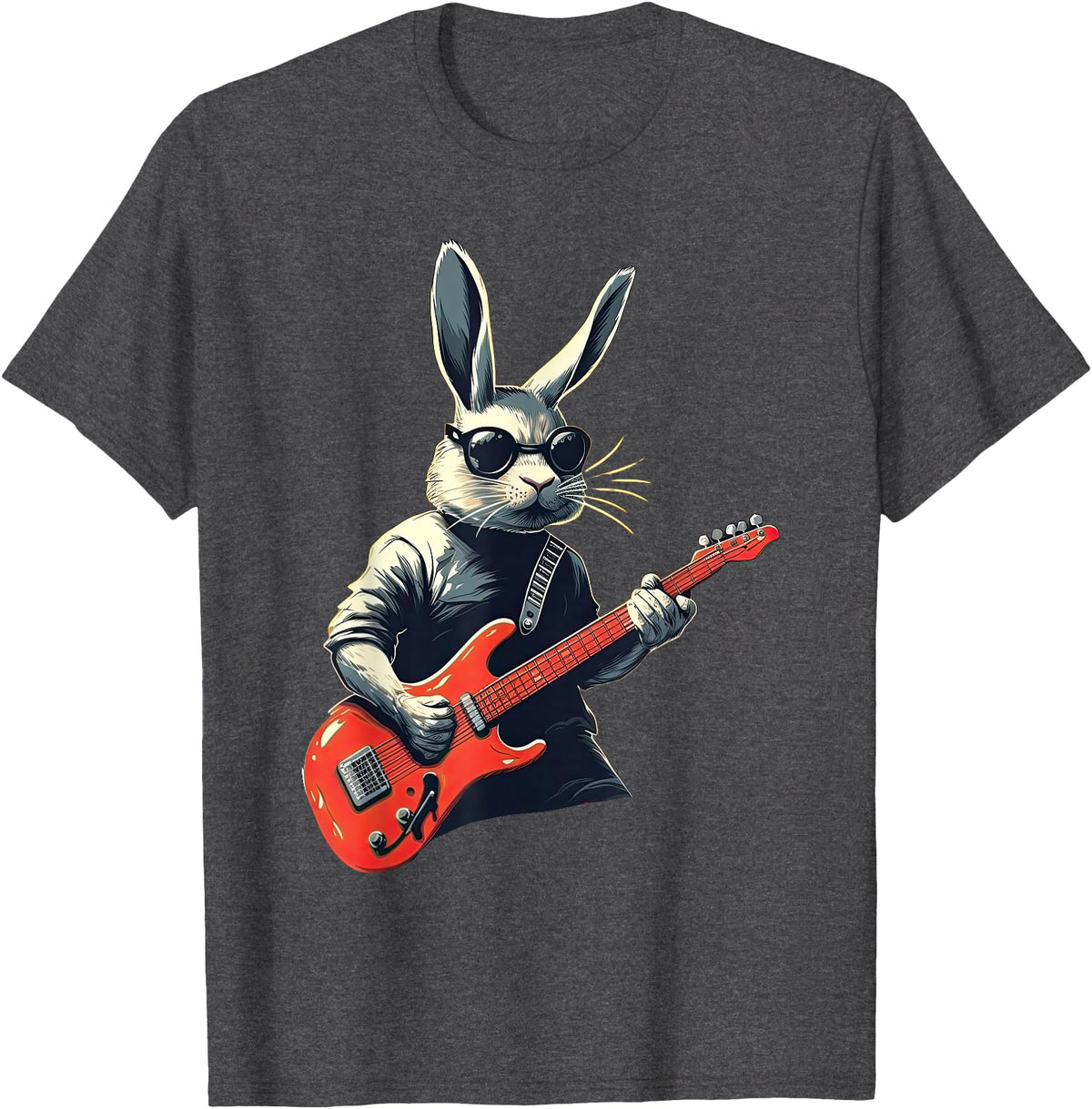 Rabbit Bunny Wearing Sunglasses Playing Guitar Musician T-Shirt in Dark Heather Grey
