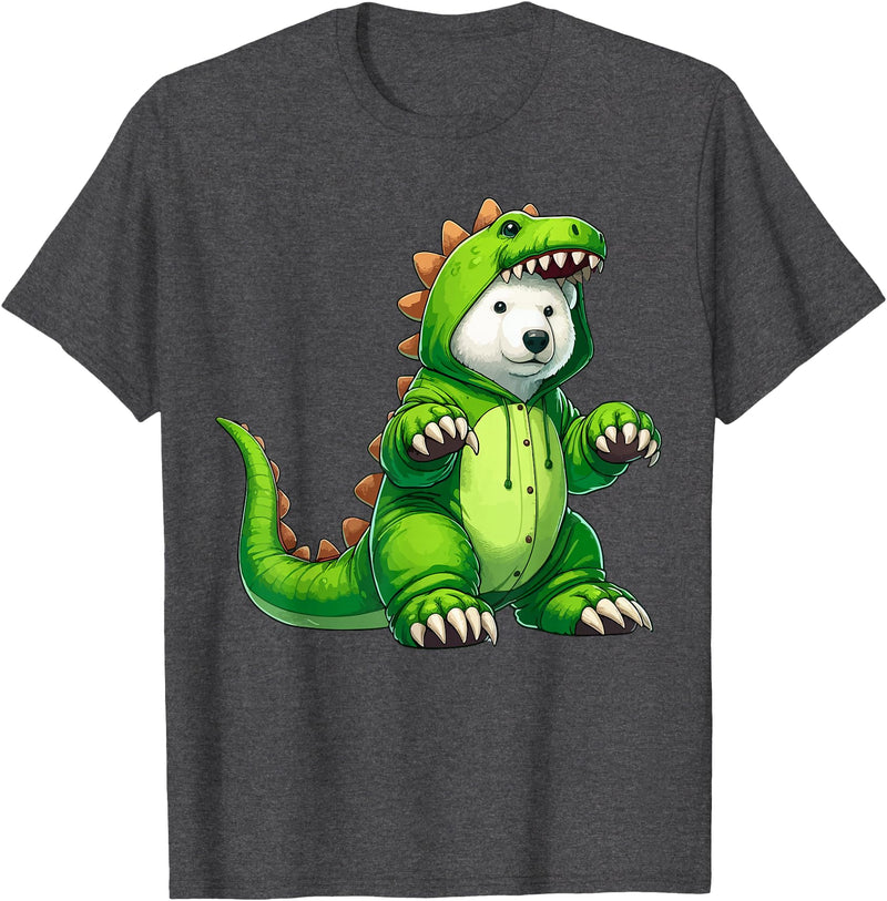 Scary Polar Bear Dinosaur Halloween Lazy Costume Polar Bear Wearing Dinosaur Costume Halloween Cosplay T-Rex T-Shirt - Dark Heather Grey