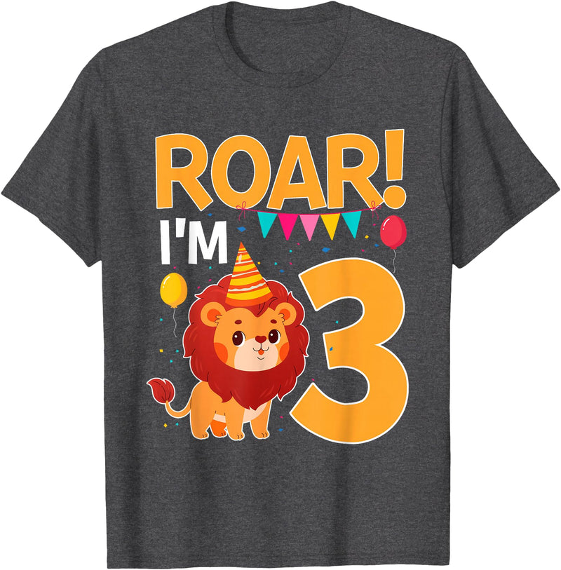Lion 3rd Birthday Gift Roar I'm 3 Birthday Lion Theme 3 Year Old Lion Lover T-Shirt - Dark Heather Grey