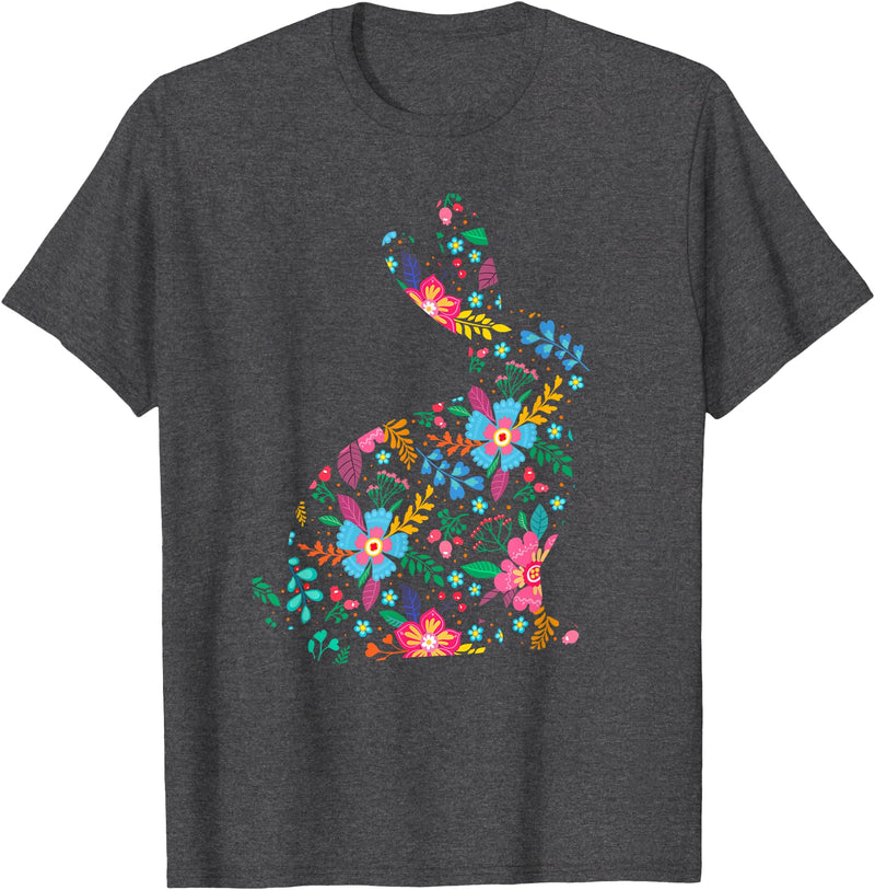 Floral Easter Women Girls Easter Bunny Spring Flowers Rabbit T-Shirt in Dark Heather Grey