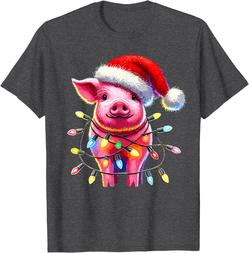 Christmas Pig Lover Pig Christmas Light Pig Lover T-Shirt - Dark Heather Grey