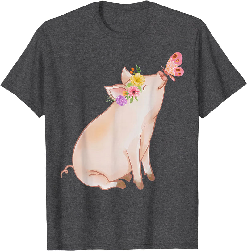 Watercolor Pink Pig With Floral And Butterfly Farm Design T-Shirt - Dark Heather Grey