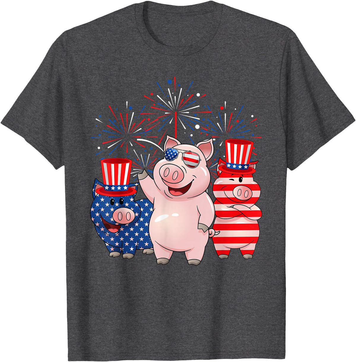 Ohia Three Patriotic Pigs USA Independence Day Tee Funny Red White Blue Pig American Flag Farmer 4th Of July T-Shirt - Dark Heather Grey