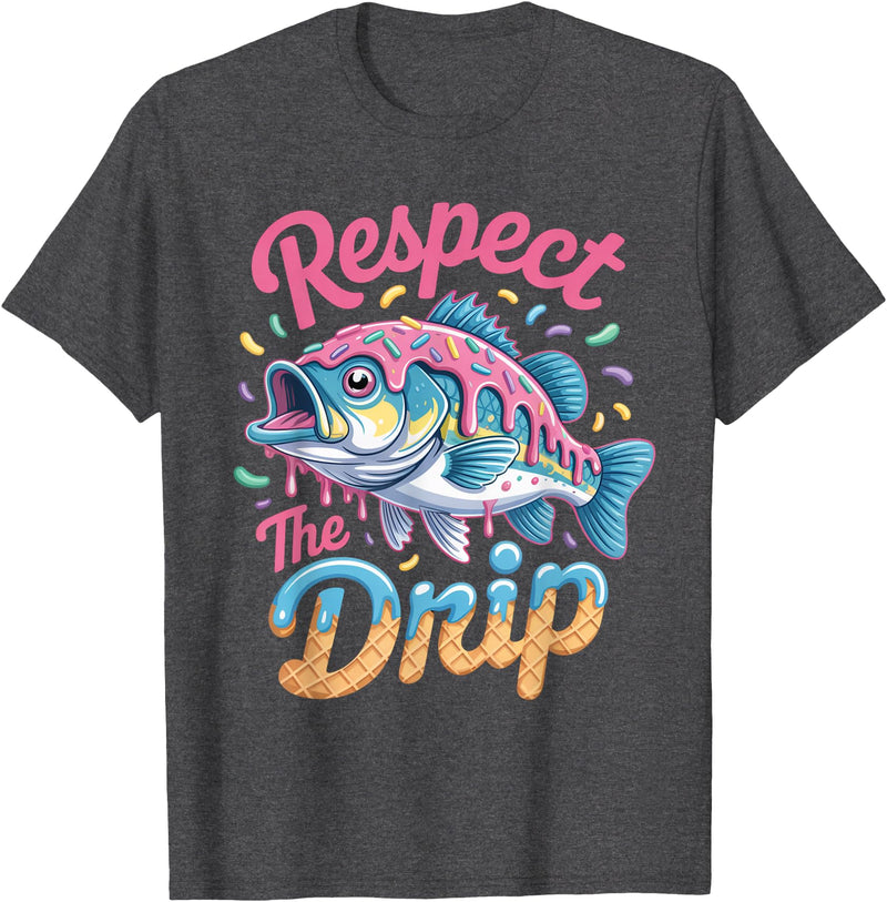 Fishermen Gifts Little Girls Boys Respect The Drip Fishing Boys Girls Fish Youth Bass Kids T-Shirt - Dark Heather Grey