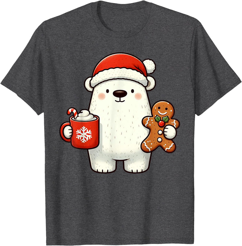 Cute Polar Bear Beanie Christmas Kawaii Japanese Polar Bear Santa Hat Christmas Holiday Xmas Coffee Cookies T-Shirt - Dark Heather Grey
