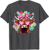 Cute Highland Cow Funny Teacher Life Retro Cute Highland Cow Teacher Bow Flower Heart Glasses T-Shirt - Dark Heather Grey