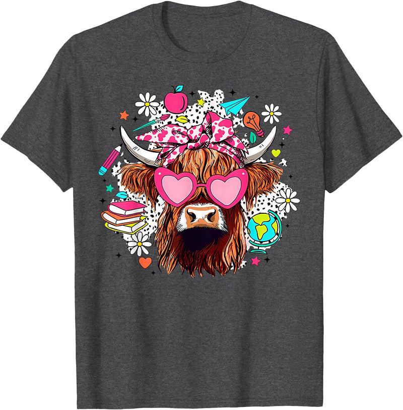 Cute Highland Cow Funny Teacher Life Retro Cute Highland Cow Teacher Bow Flower Heart Glasses T-Shirt - Dark Heather Grey