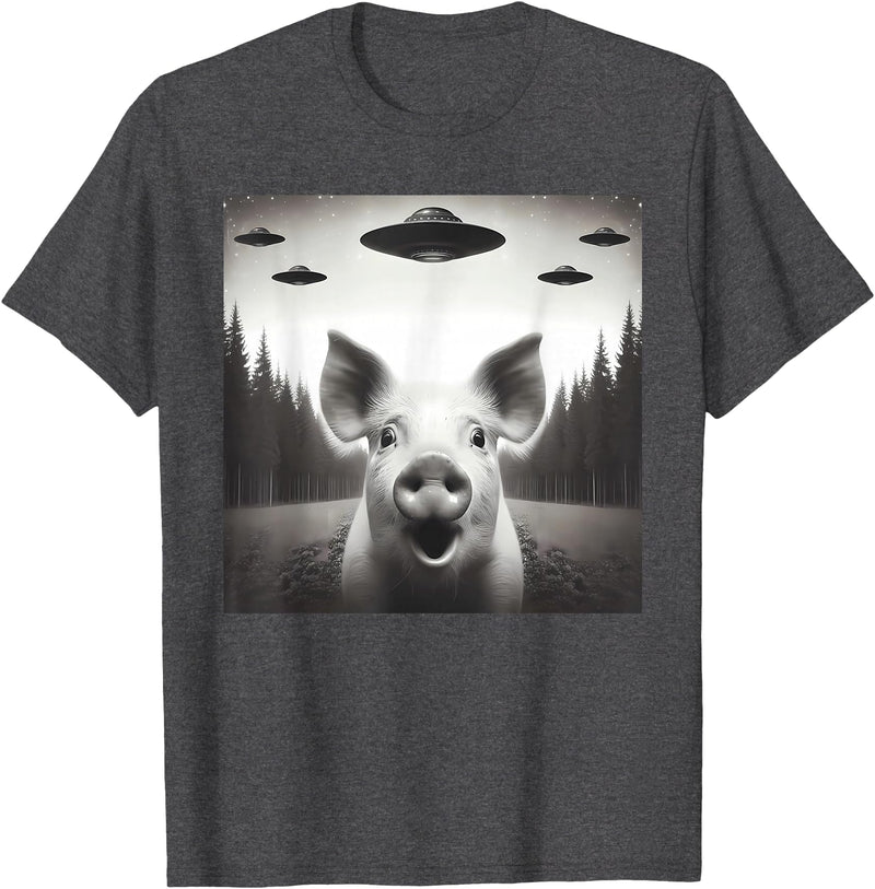 Funny Pig Selfie With UFOs Funny Pig Selfie UFO Alien Humor Vintage Print Art Design T-Shirt - Dark Heather Grey