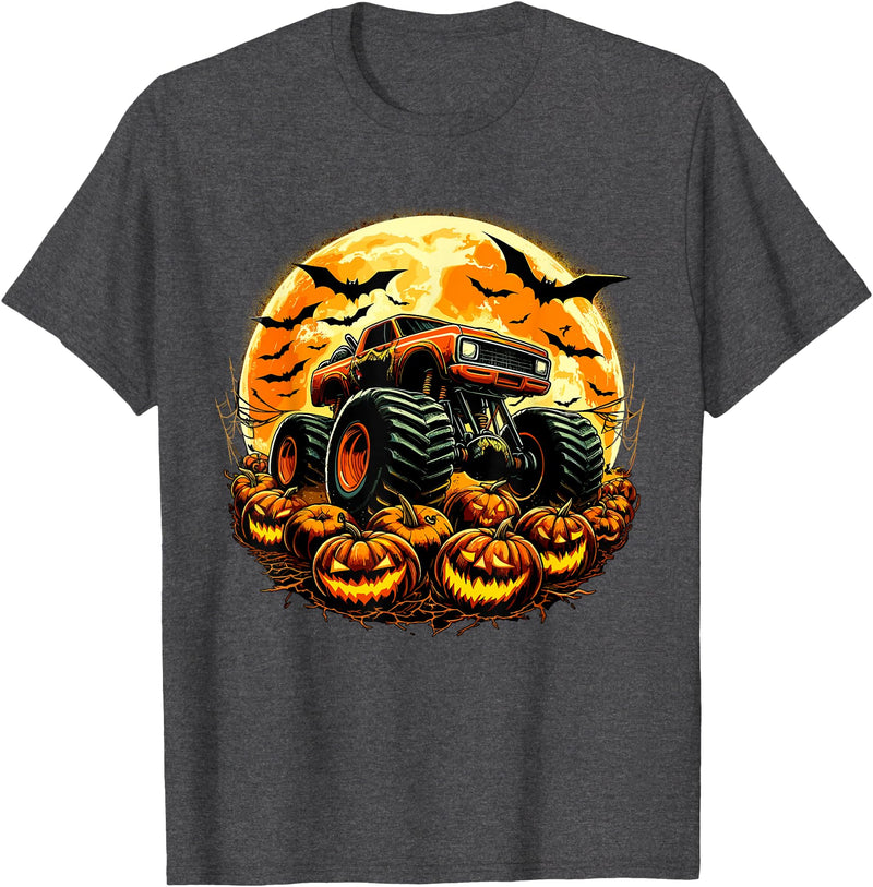 Halloween Monster Truck Designs Monster Truck Halloween Jack O Lantern Moon Pumpkin T-Shirt - Dark Heather Grey