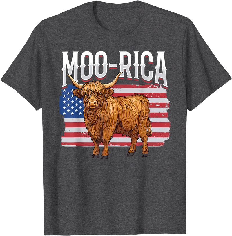 Funny Scottish Highland Cow 4th of July Scottish Highland Cow 4th of July Independence Day Moo-rica T-Shirt - Dark Heather