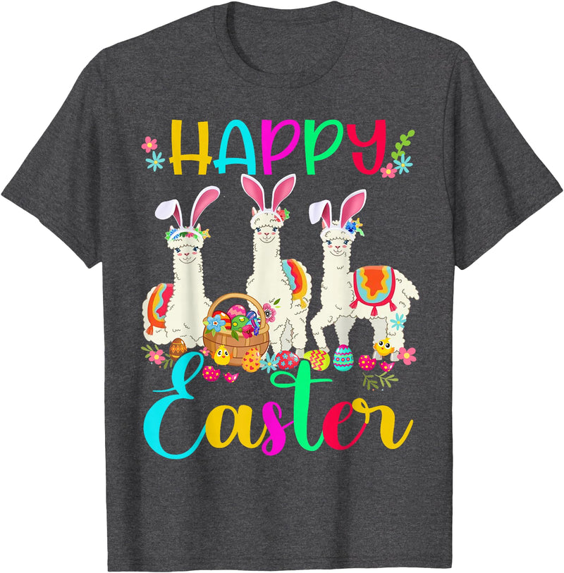 Happy Easter Three Llama Wearing Bunny Ear Happy Easter Llama Lover Three Llama Wearing Bunny Ear T-Shirt - Dark Heather Grey