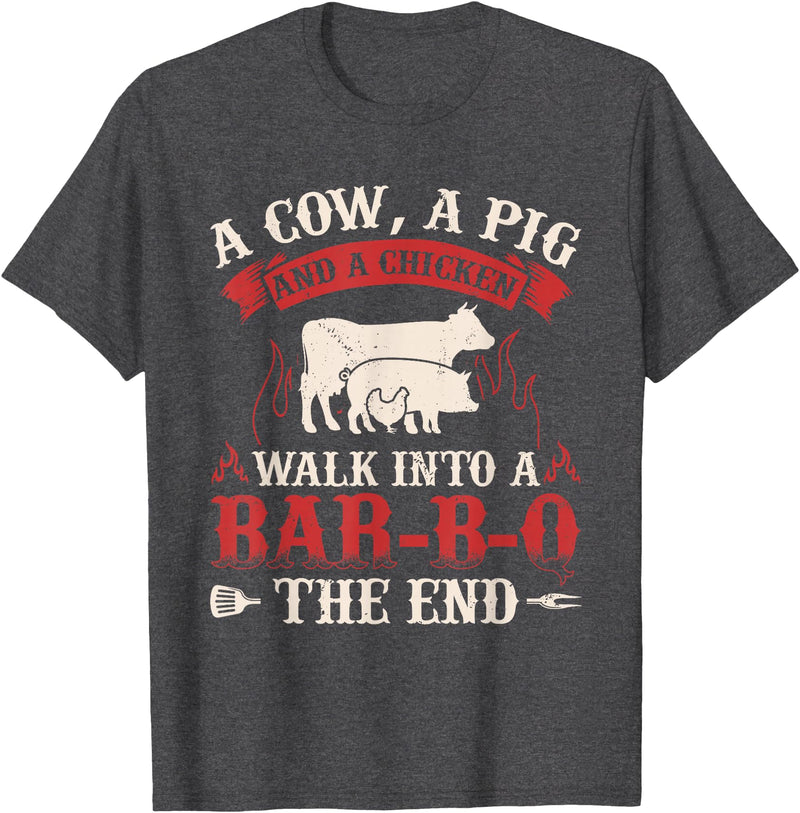 Funny Barbecue Lover Gifts & BBQ Fan Outfits Funny Barbecue Cow Pig Chicken Graphic Meat Smoking BBQ T-Shirt - Dark Heather Grey