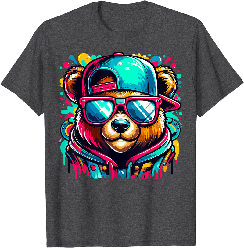 Funny Teddy Bear Lovers Colorful Hip Hop Teddy Bear Sunglasses Rap Music T-Shirt - Dark Heather Grey