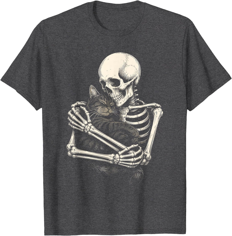 Retro Skeleton Hugging Cat Halloween Tee Skeleton Hugging Cat Halloween Cat Lover Cat Mom Dad T-Shirt - Dark Heather Grey