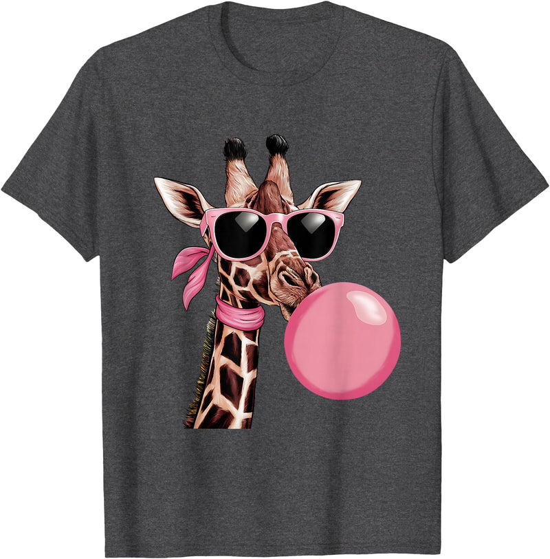 Funny Giraffe Lover Design Outfit Funny Cute Giraffe Pink Bubble Gum and Pink Sunglasses T-Shirt - Dark Heather Grey