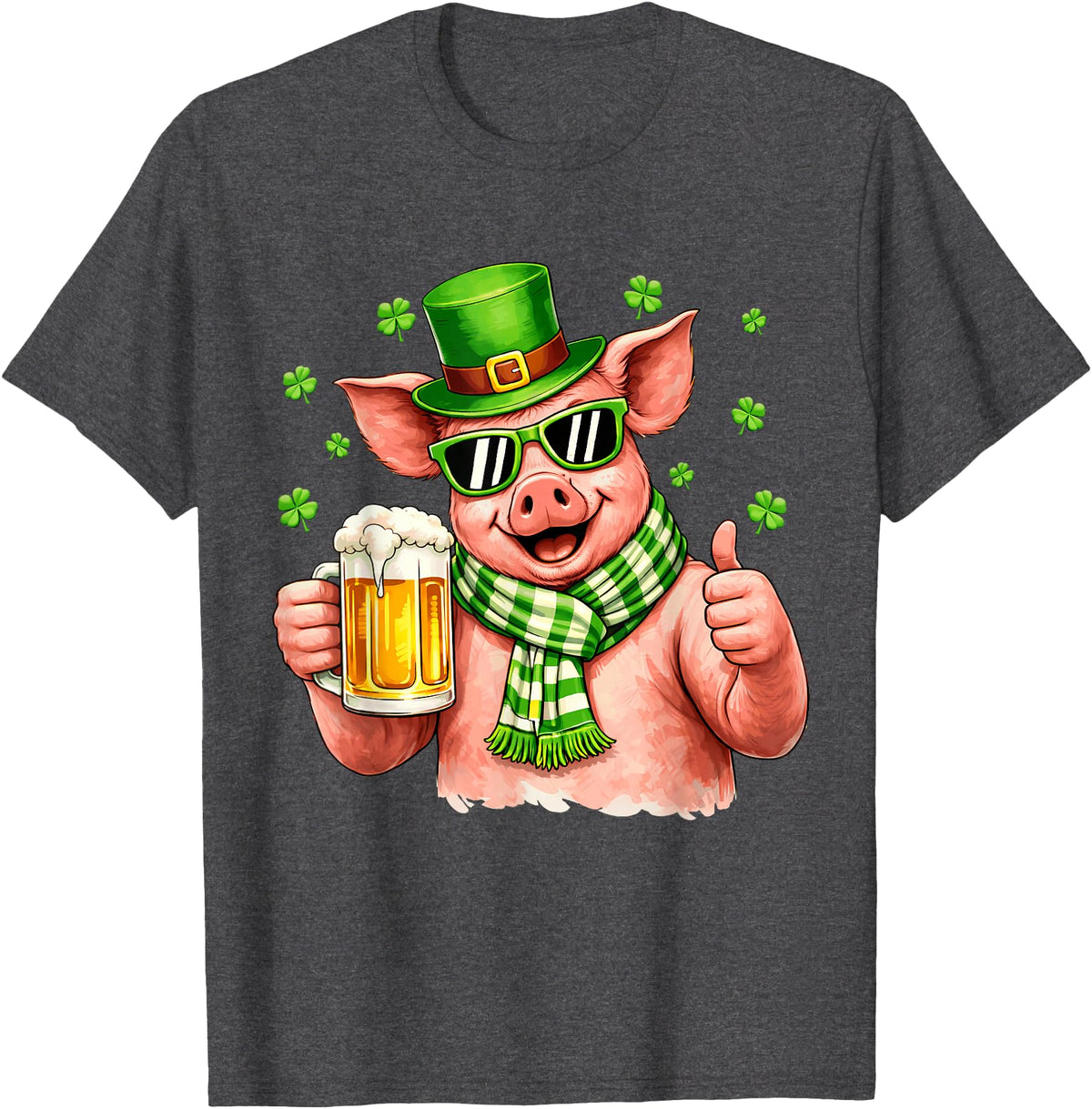 Amt Pig & Drinking Beer Lovers Saint Patrick's Day Funny Pig Drinking Beer Leprechaun Shamrocks St Patricks Day T-Shirt - Dark Heather Grey