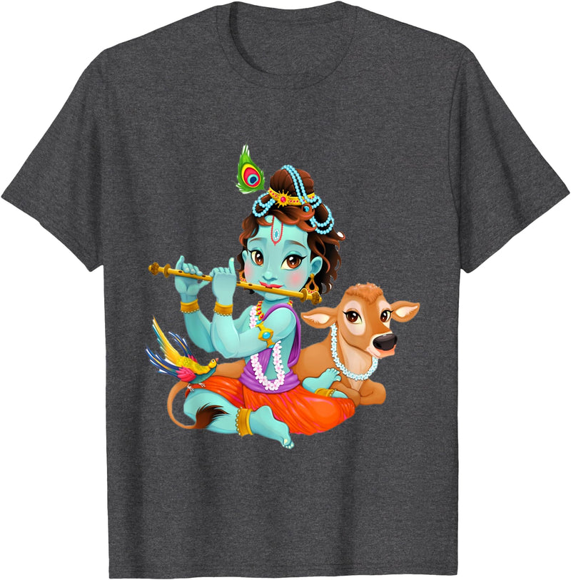 Clever Witty Designs Hindu god Lord Shri Krishna with a Cow and a Bird T-Shirt - Dark Heather Grey