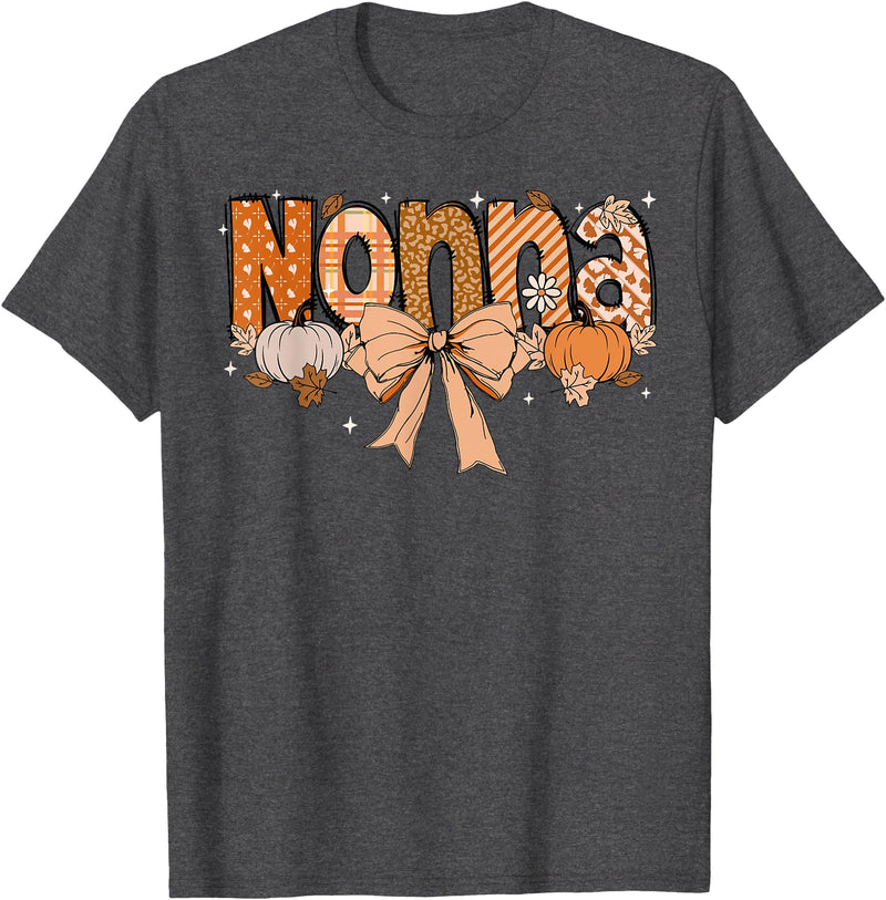 Pumpkin Fall Leopard Happy Thanksgiving Mat Nonna Pumpkin Fall Coquette Bow Thanksgiving Mom Women T-Shirt - Dark Heather