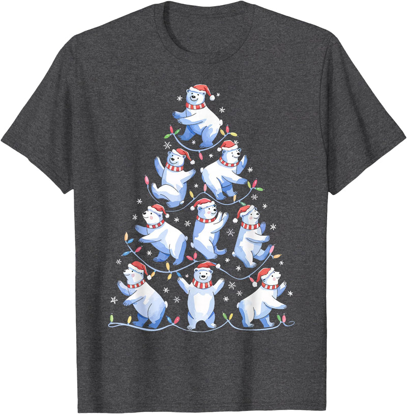 White Giant Christmas Tree Lights Santa Hats Polar Bear Christmas Tree Funny Ice Bear Holiday T-Shirt - Dark Heather Grey