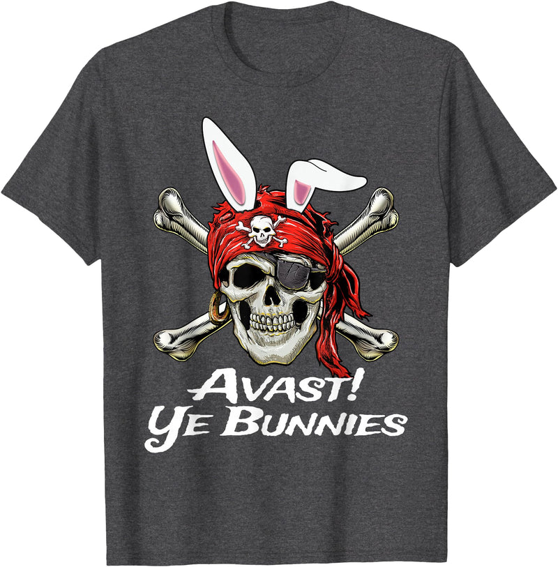 Funny Pirate Skull and Crossbones Avast Ye Bunnies Easter T-Shirt in Dark Heather Grey