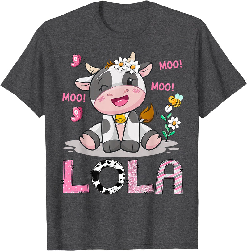 Birthday Girl Party Cow Lover Lola Cute Cow Moo Moo Farmer Birthday Girl Matching T-Shirt - Dark Heather Grey
