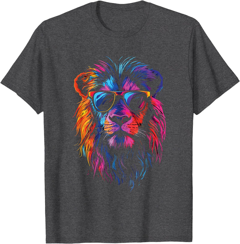 Wild Animal Graphic Jungle Tees Colorful Lion with Sunglasses Bold King of The Jungle T-Shirt - Dark Heather Grey