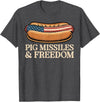 Funny Hot Dog BBQ 4th of July Tees Pig Missiles and Freedom 4th of July Patriotic Hotdog T-Shirt - Dark Heather Grey