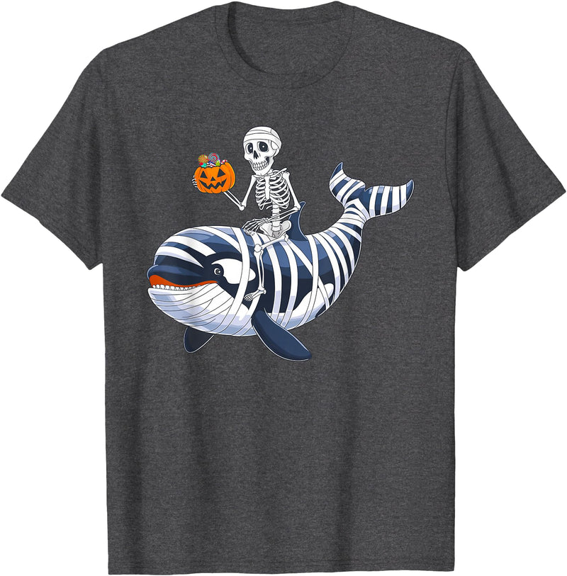 Orca Skeleton Halloween Whale Apparel Co. Skeleton Riding Mummy Orca Halloween Candy Whale T-Shirt - Dark Heather Grey