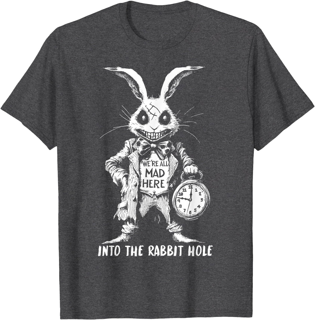 The Creepy White Rabbit in Wonderland Horror Fantasy Art T-Shirt in Dark Heather Grey