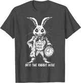 The Creepy White Rabbit in Wonderland Horror Fantasy Art T-Shirt in Dark Heather Grey