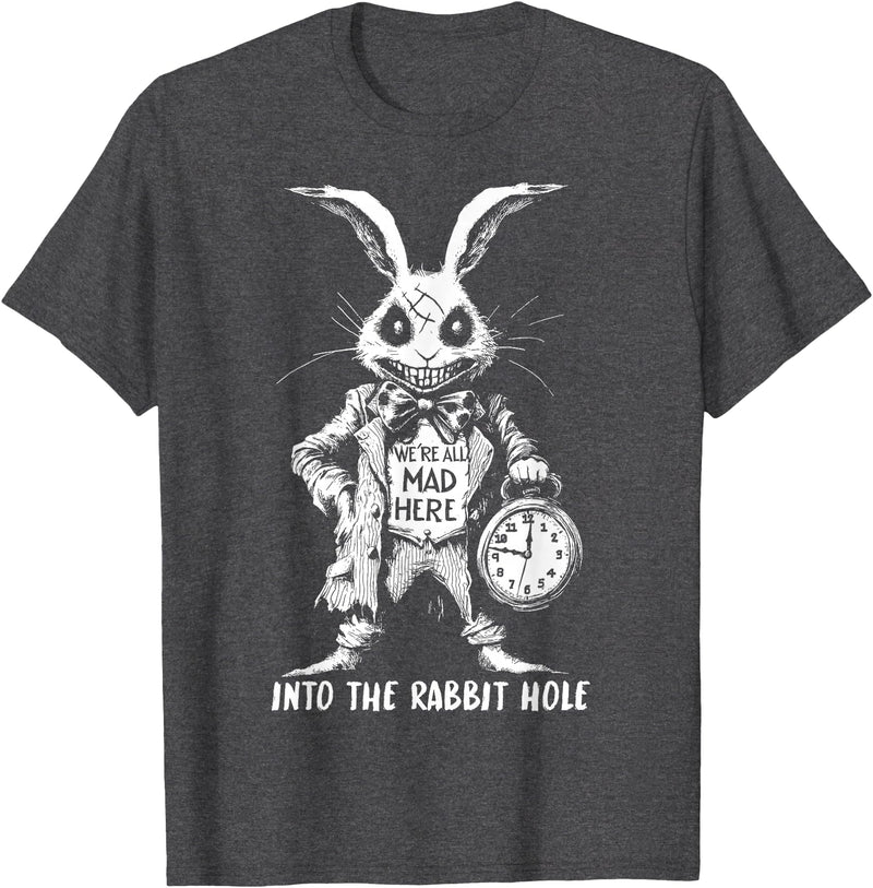 The Creepy White Rabbit in Wonderland Horror Fantasy Art T-Shirt in Dark Heather Grey