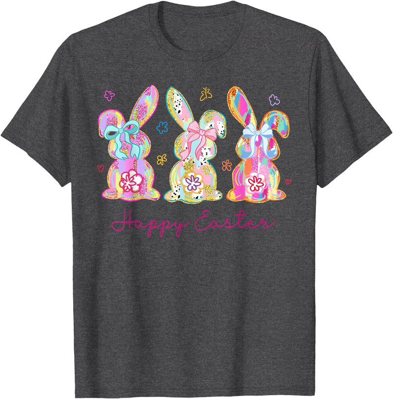 Funny Bunny Three Rabbits Eggs Happy Easter Tie Dye Trendy T-Shirt in Dark Heather Grey