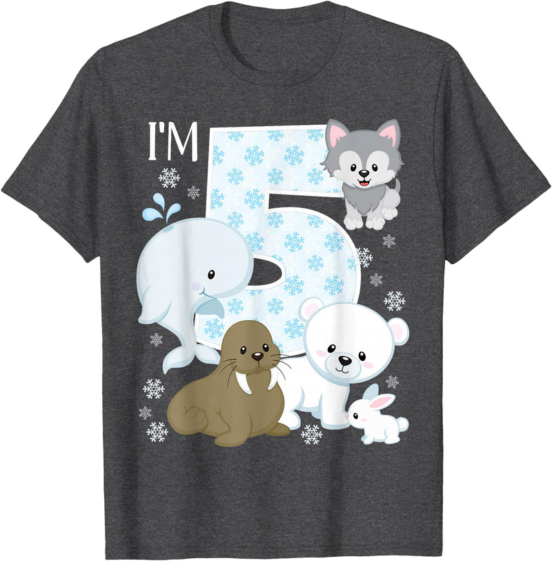 Arctic Animals Birthday Party Family Matching Bday Arctic Animals 5th Birthday Polar Bear Walrus Fox Sea Theme T-Shirt - Dark Heather Grey